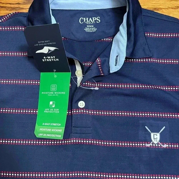 NEW CHAPS Sports Golf Polo Shirt UPF 30 Moisture Wicking Blue Stripe - Picture 5 of 5